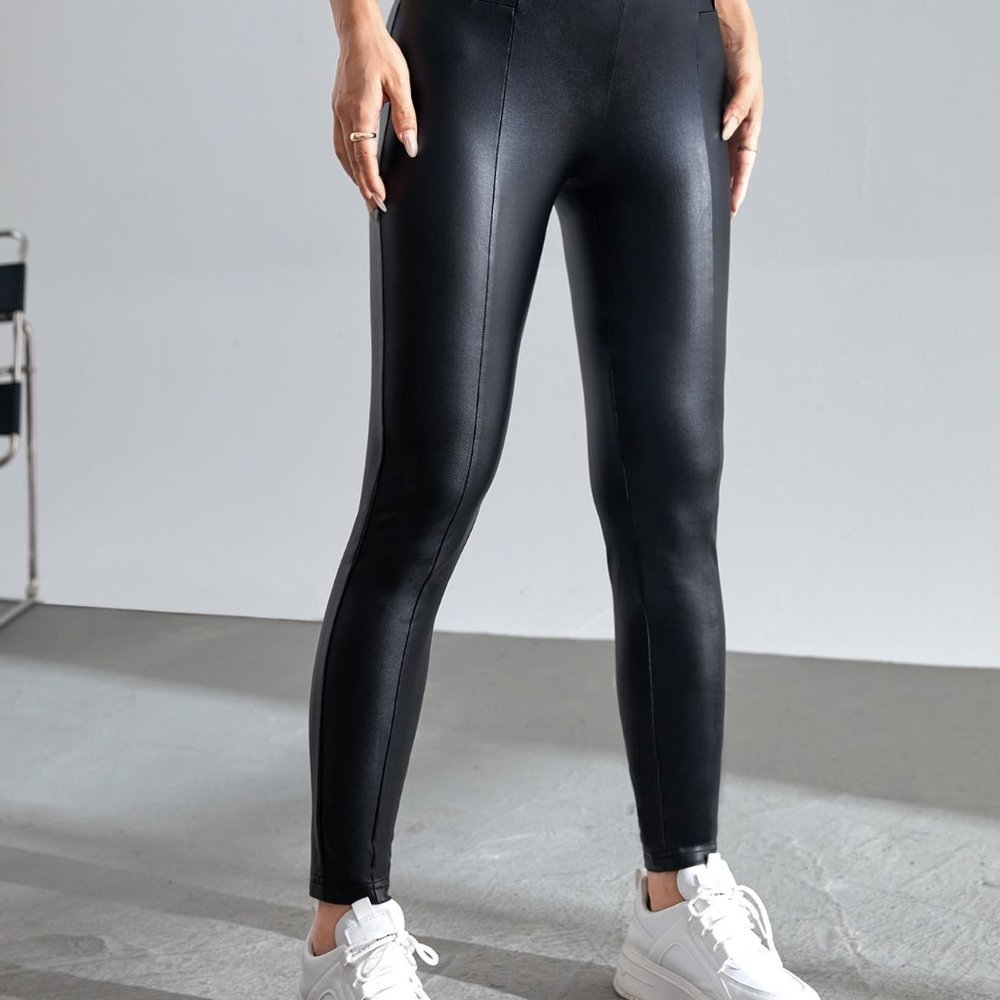 Black Casual Womens Solid PU Leather Leggings - Picture 5 of 5